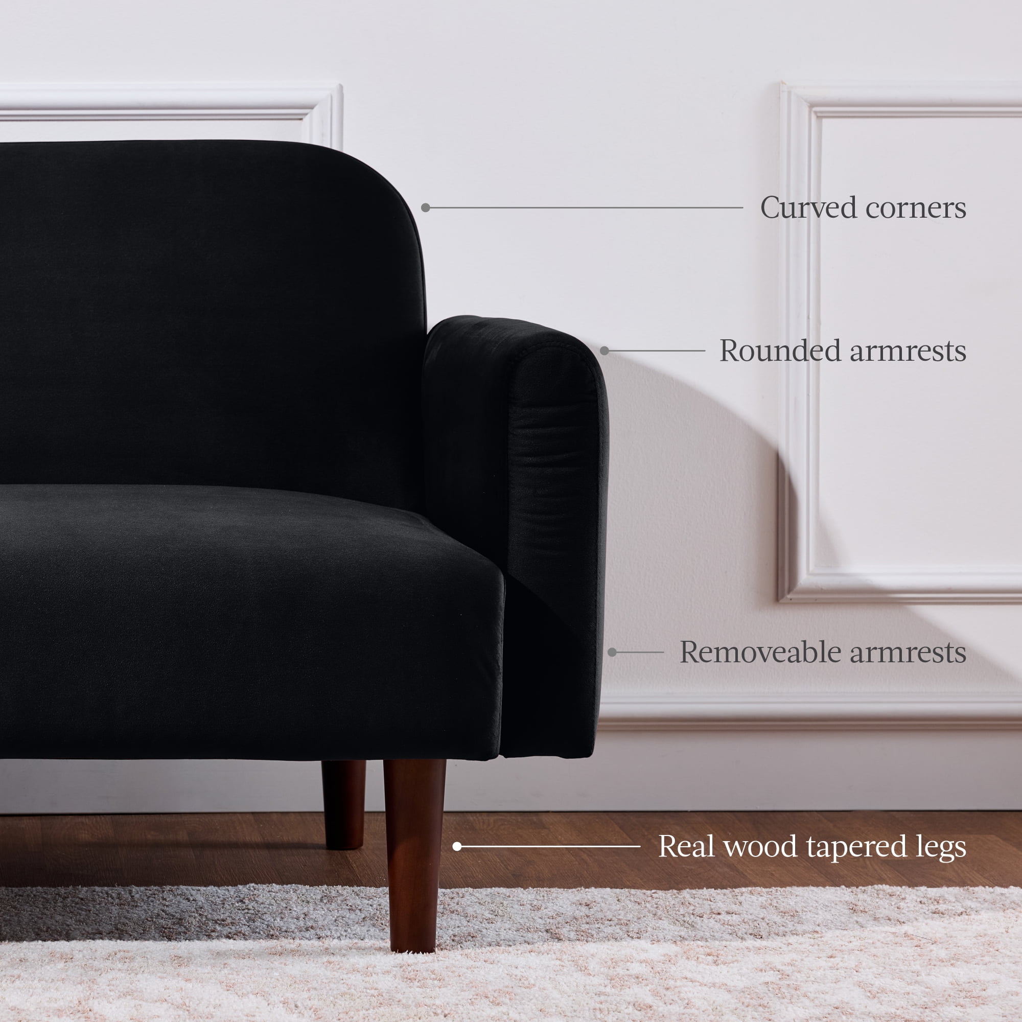 Best Choice Products Curved Convertible Futon, Velvet Fabric Split-Back Sleeper Bed - Onyx Black