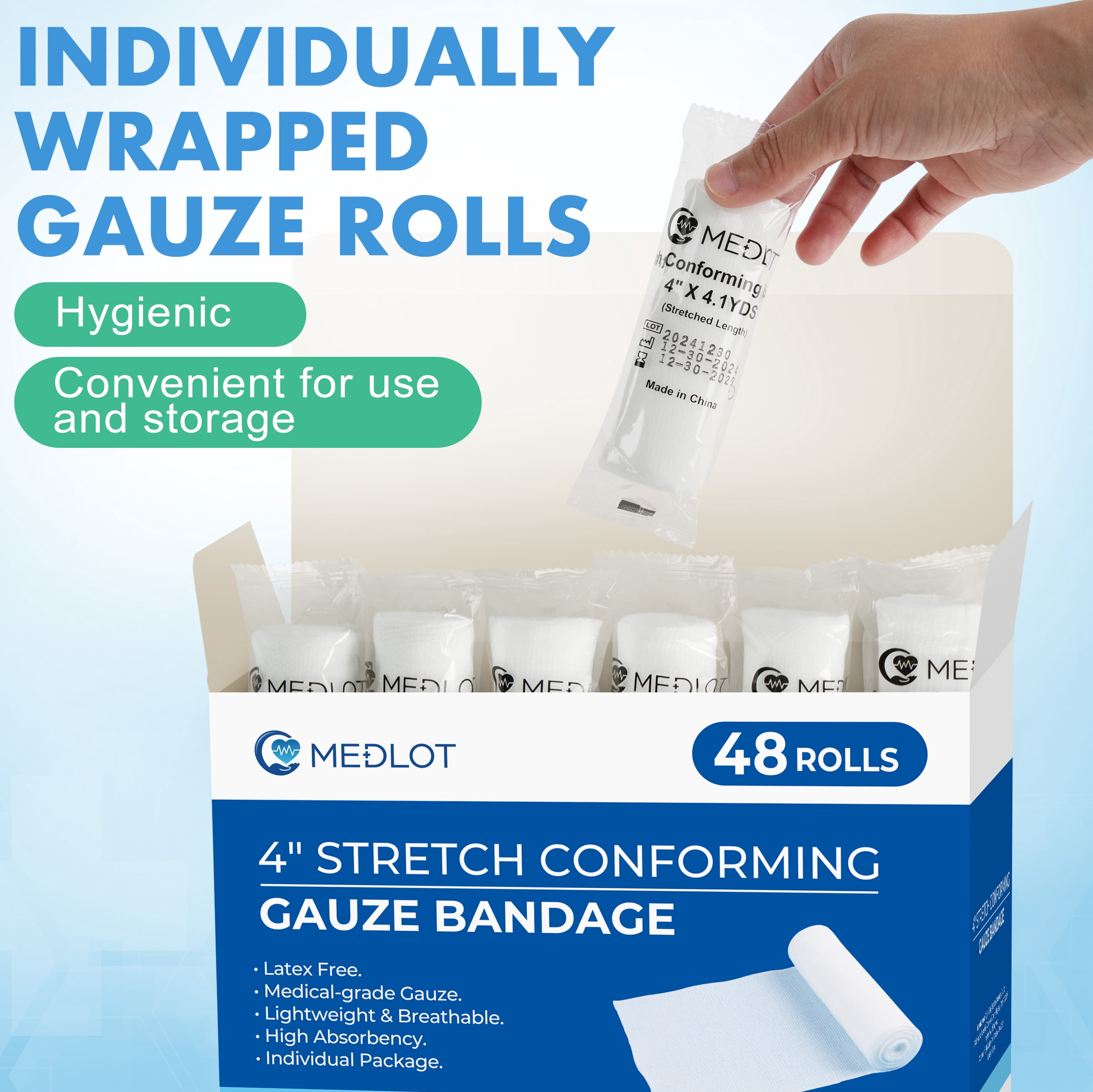LotFancy Gauze Bandage Roll, 48 Gauze Wrap, 4 in x 4 Yards Stretched