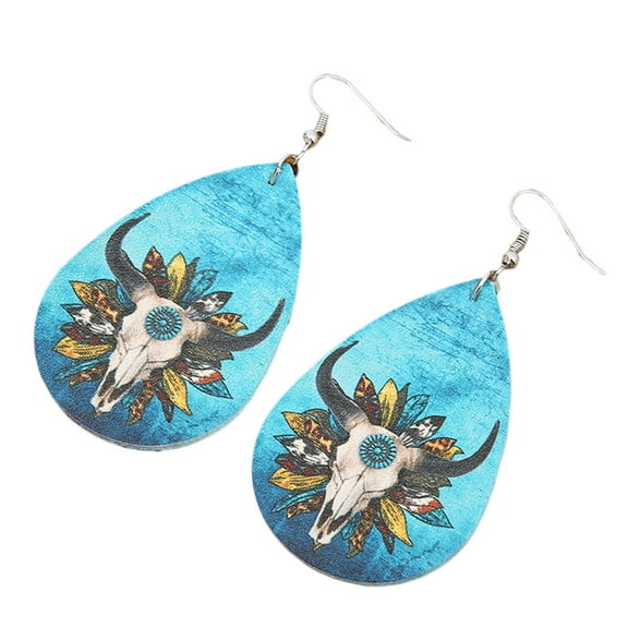SUSHANG Cow Head Leather Earrings Western Retro Personality Bull Head Leather Earrings Colorful Petals Turquoise Leather Earrings