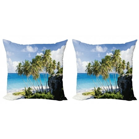 Travel Throw Pillow Cushion Cover Pack of 2, Caribbean Island Overlook with Palm Tree and Ocean Exotic Travel Destination Print, Zippered Double-Side Digital Print, 4 Sizes, Cream Blue, by
