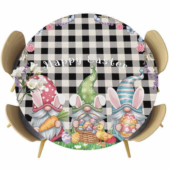 Easter Bunny Gnomes Round Tablecloth, Fitted Table Cover with Elastic for 55"-60" Round Tables, Spring Easter Eggs Floral Black Plaid Table Cloth Outdoor Indoor Dinning Party Waterproof Tablecloths