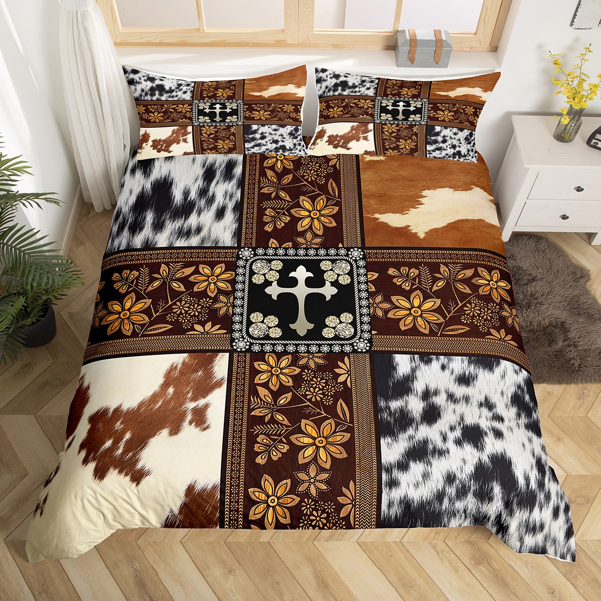 YST Cow Print Bedding Set Cowhide Cow Fur Decor Duvet Cover Full Retro