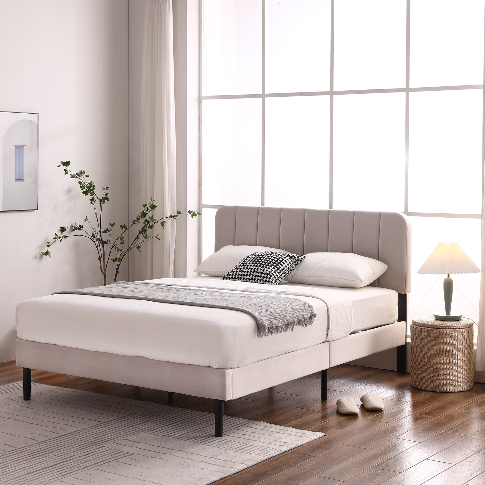 Full Bed Frame with Headboard Adjustable Height, Platform Bed Frame