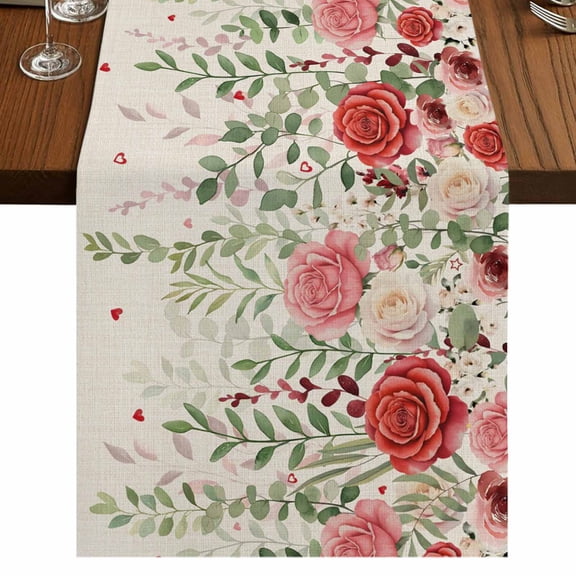 Table Runners 48 Inches Long Dress Scarves, Pink Valentine's Day Farmhouse Kitchen Table Runner, Short Coffee Tablerunners, Romantic Roses Weeping Watercolor Rustic 13x48 Inch