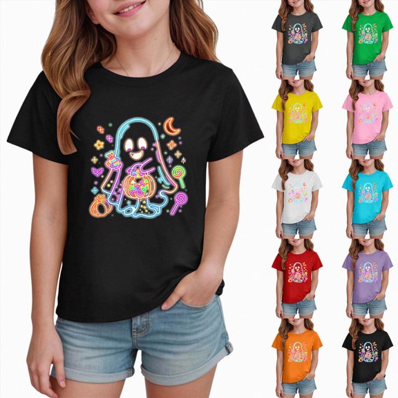 larppty Kids Fall Shirts Toddler Baby Girl Halloween Shirt Cute T-Shirt for Kids Short Sleeve Tee Fall Tops (Black,3-4 Years)