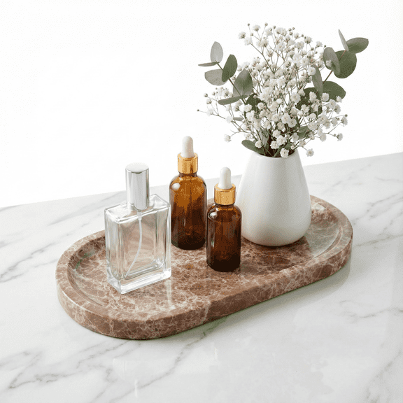 Light Emperador Marble Vanity Tray for Bathroom Counter, 10"x5" Decorative Tray for Perfume, Candles, Stone Jewelry Dish Tray