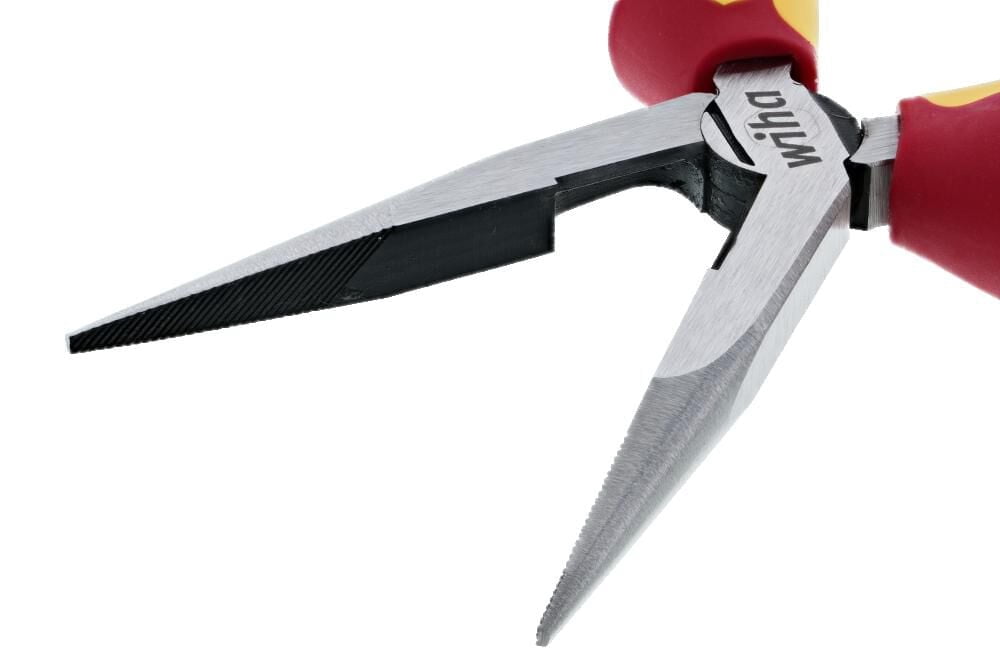 Wiha Tools Insul. Industrial Long Nose Pliers w/ Cutter 8" OAL. Industrial brushed finish. Two component ergo cushion grips.