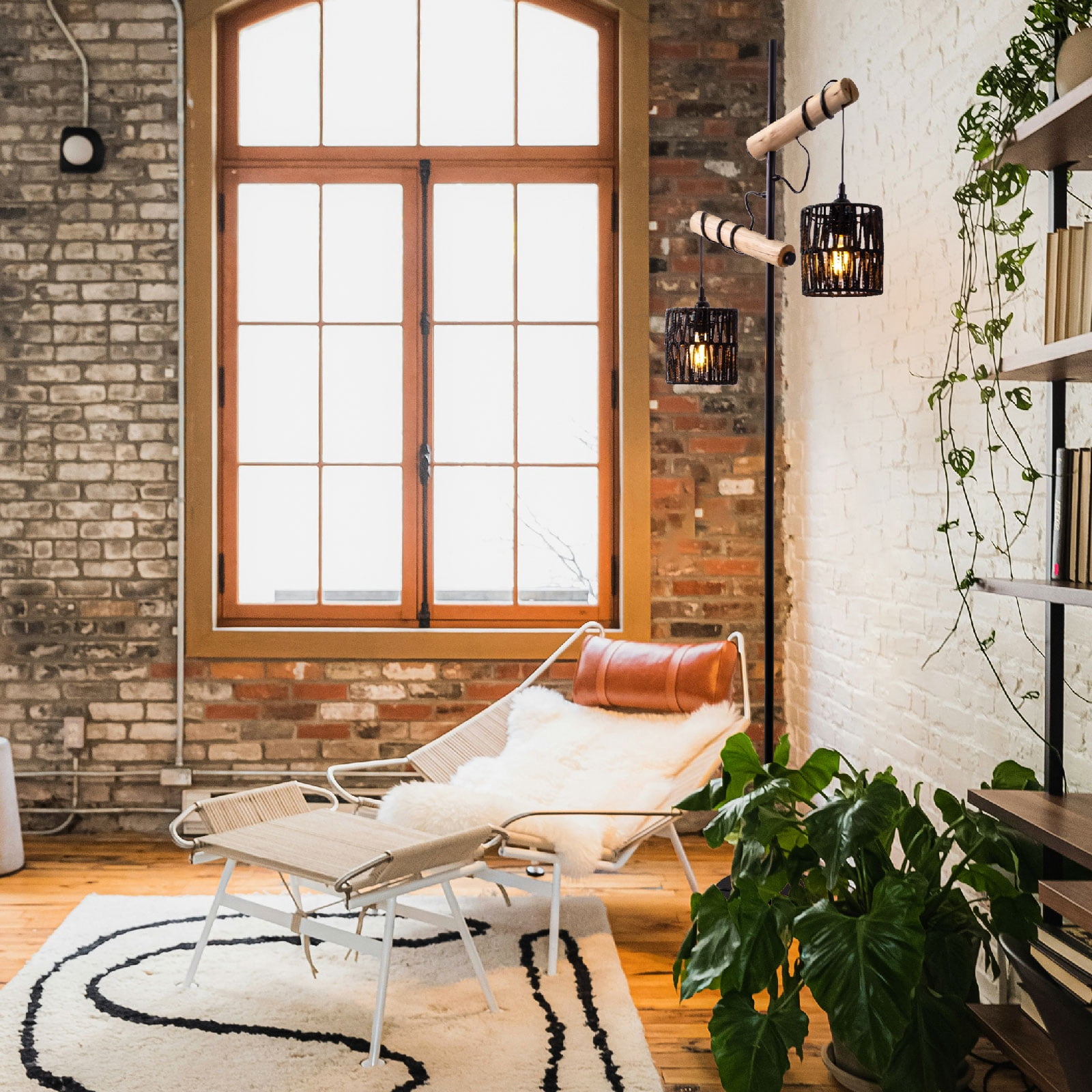Farmhouse Floor lamp Double Head Vintage Floor Tree, Wooden Standing lamp for Living Room，Bedroom, Rustic Floor Lamp with Black Finish