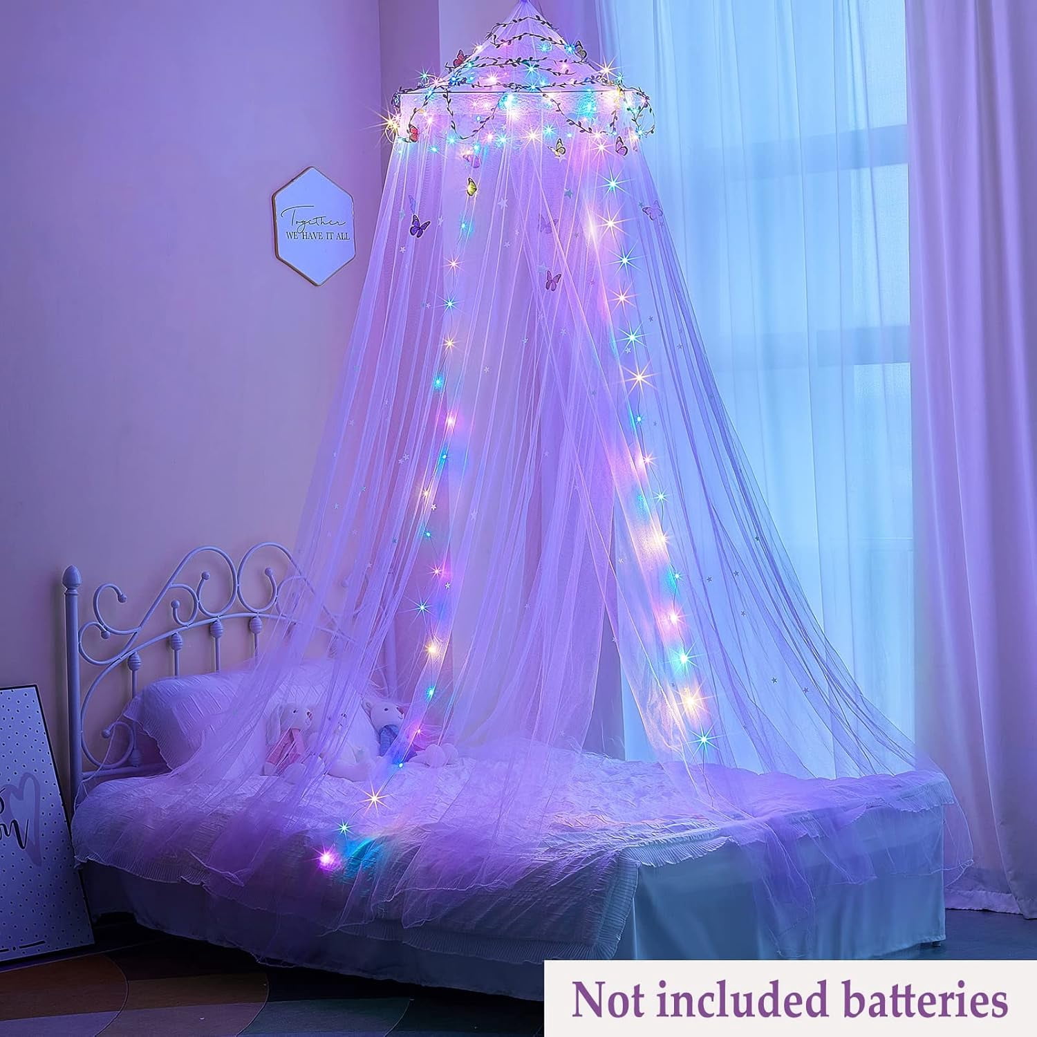 CAILDANL Bed Canopy for Girls Room Bed Canopy Curtains with Led Lights Mosquito Net DIY Princess Room Décor with Stars Butterflies for Kids Bedroom, Hot Pink