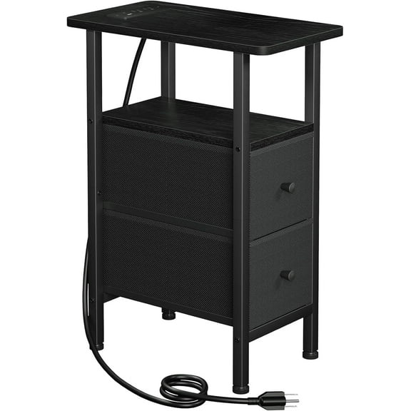 Living room narrow side table with charging station, slim side table with fabric drawers, black