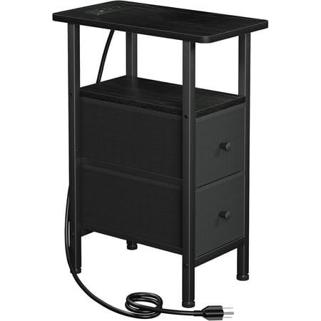 Narrow End Table with Charging Station, Small Nightstand | Skinny Side Tables Living Room with 2 Fabric Drawers, Slim Bedside Table for Bedroom, Small Spaces, Couch, Black