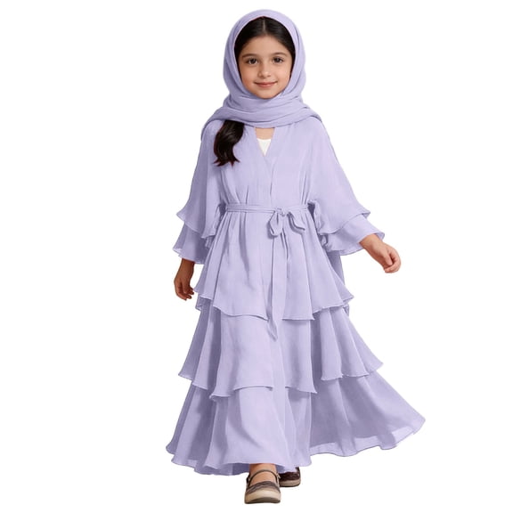 oqasdz Dresses for Girls Elegant Solid Three Layer Chiffon with Waistband and Headscarf for Celebration Pageant Prom Dress