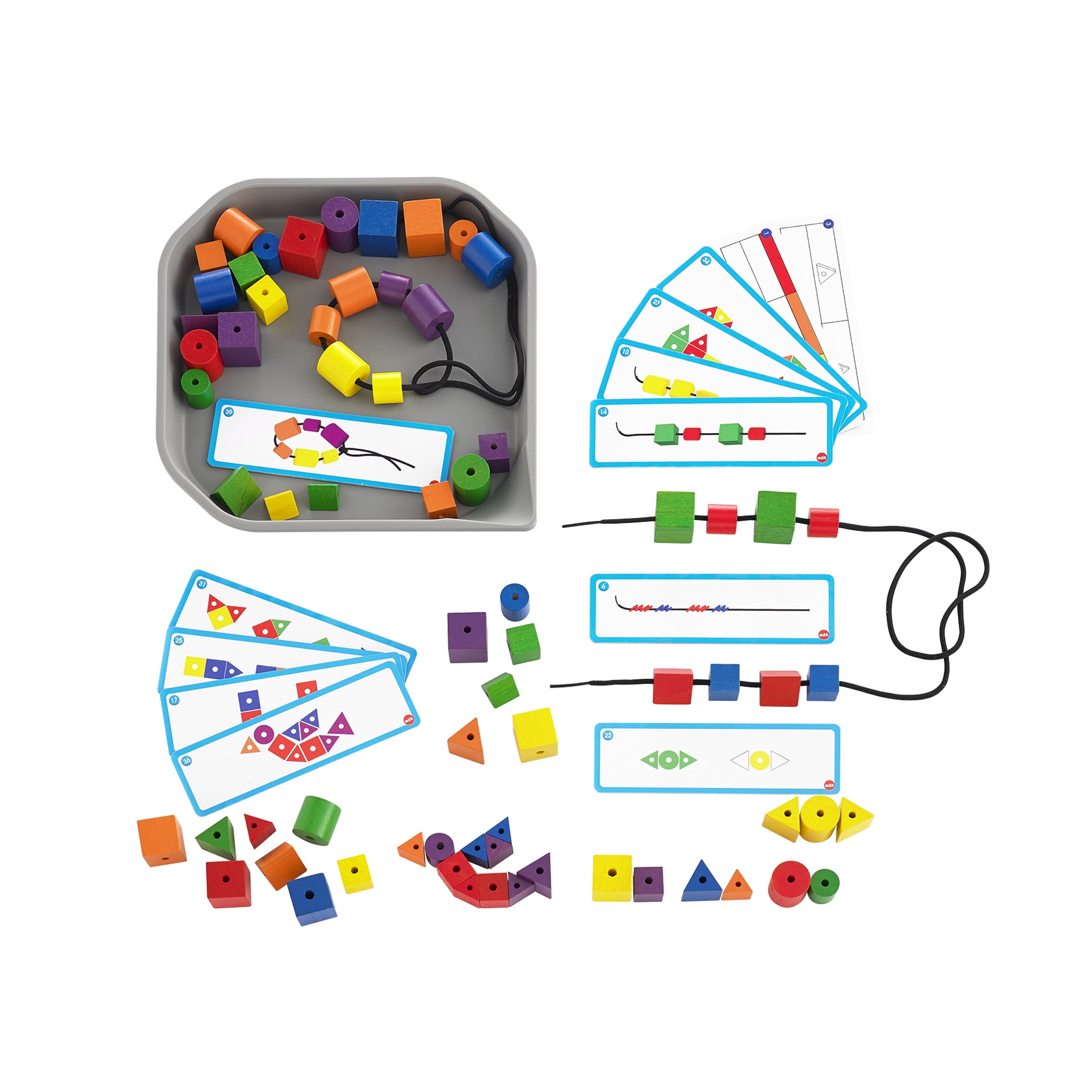 edxeducation FunPlay Attribute Beads - 72 Wooden Lacing Beads + 2 Laces + 40 Activities + Messy Tray