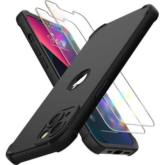 TEMOGU-for iPhone 13 Case with [2 Tempered Glass Screen Protector] [Camera Protection] Shockproof Soft Silicone Back and Hard PC Protective Bumper Cover for iPhone 13 Phone case (2021)-Black