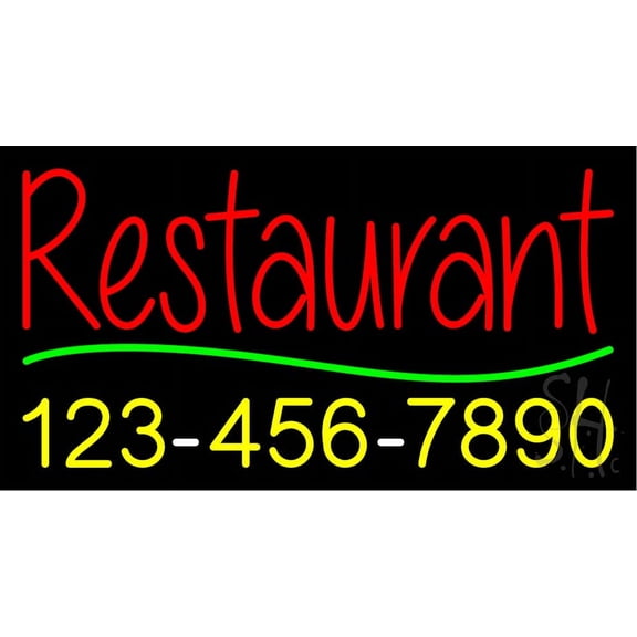 Red Restaurant with Phone Number LED Neon Sign 20 x 37 - inches, Black Square Cut Acrylic Backing, with Dimmer - Bright and Premium built indoor LED Neon Sign for restaurant window and interior decor.