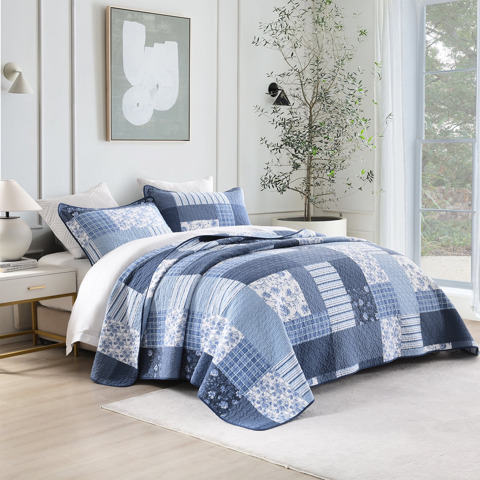 CozyDH Blue Plaid King Quilt Set, 100% Cotton Soft Lightweight 3-Piece Bedding Set, Classic Patchwork Bedspread Coverlet with 2 Shams
