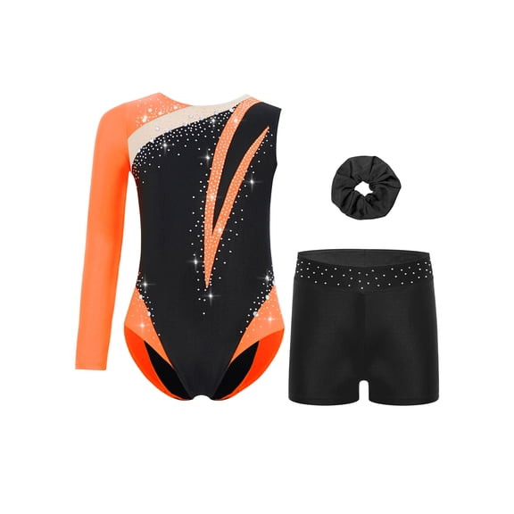Doomiva Gymnastics Leotard for Girls Dance Unitard Biketard Asymmetrical Long Sleeve Bodysuit with Shorts Hairband Orange Black 8