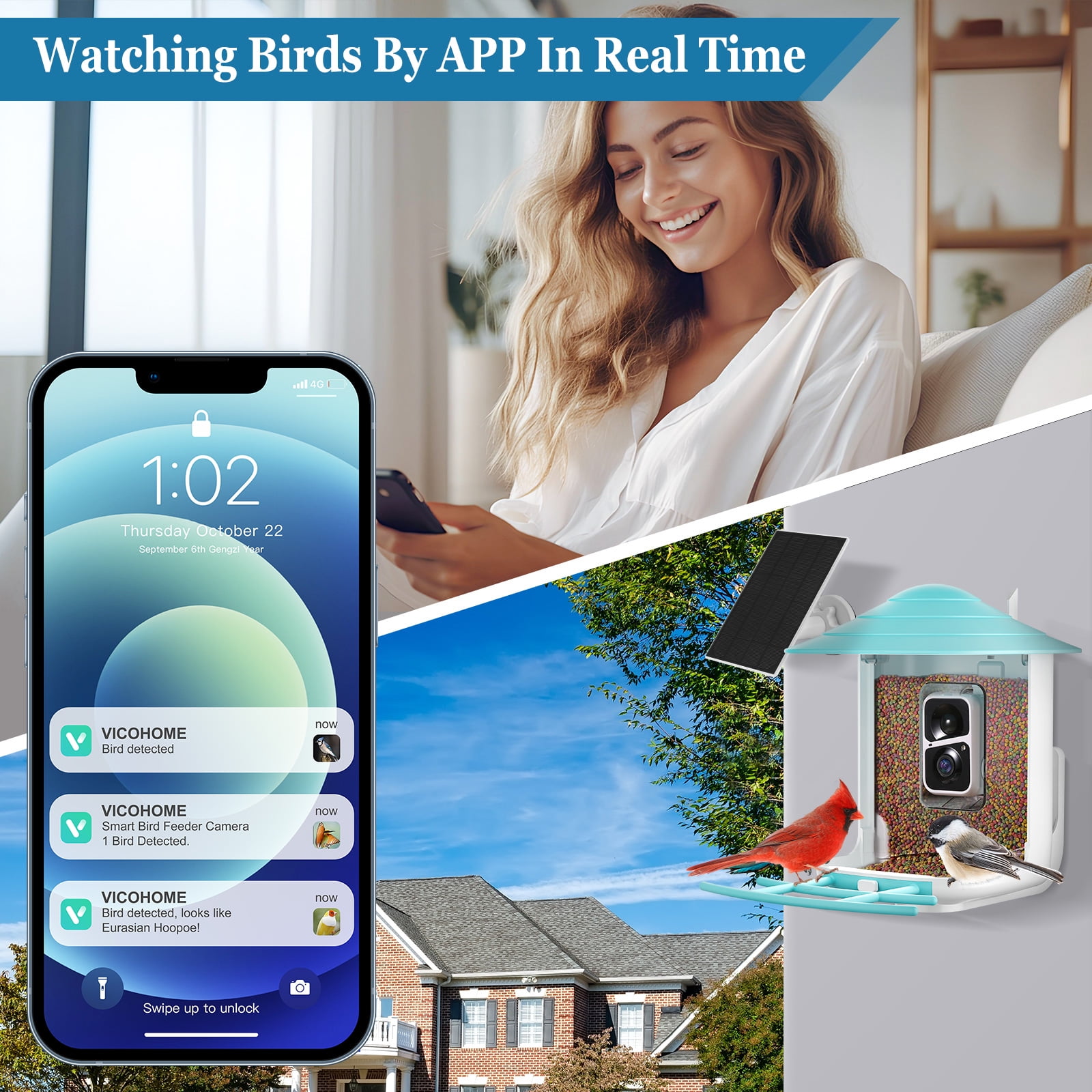Naipo Bird Feeder, Camera for Automatic Bird Video Capture and Motion Detection, Solar-Powered Wireless Outdoor Device with 64G SD Card, Perfect Gift for Bird Enthusiasts
