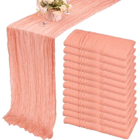 12 Pack 10Ft Cheesecloth Boho Gauze Table Runner - 35x120 Inch Rustic Cheese Cloth Long Table Runner for Wedding, Bridal Shower, Birthday Party Decor (Peach Coral)