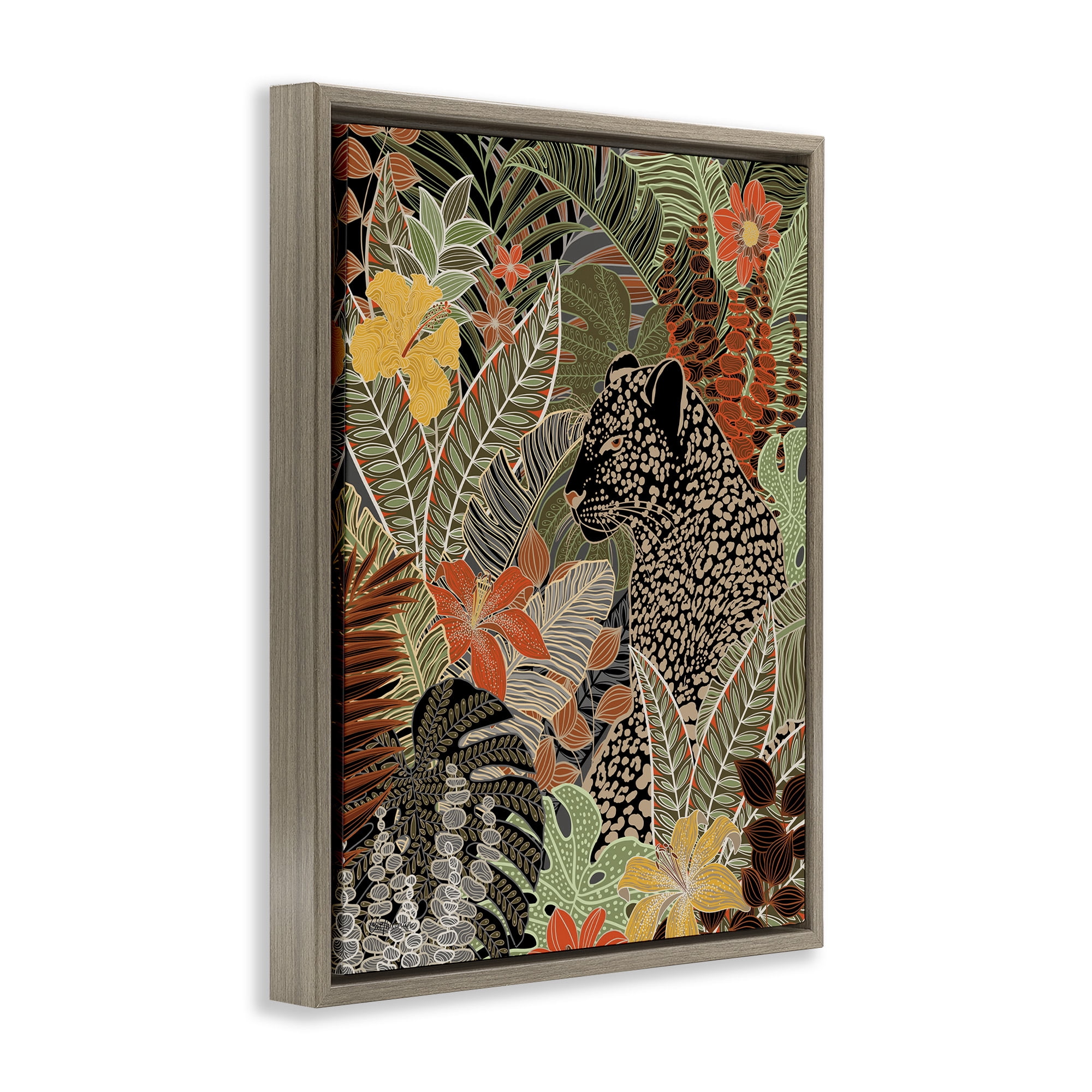 Stupell Industries Leopard in Jungle Pattern Animals & Insects Painting Brown Floater Framed Canvas Art Print Wall Art, 17 x 21