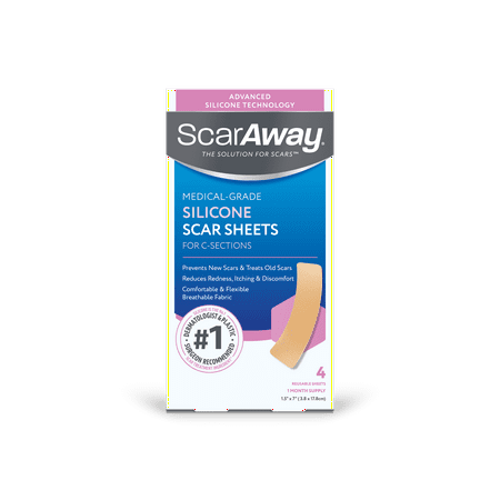 ScarAway Advanced Skincare Silicone Scar Sheets for C-Section, Reusable Sheets (1.5” x 7”) for Hypertrophic and Keloid Scars from C-Section & Other Surgeries, 4 Sheets