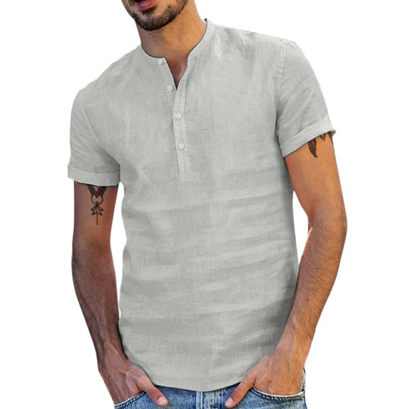 Mens Dress Shirt 17 X 35 Men's Baggy Cotton Blend Solid Color Short Sleeve Retro T Shirts Tops Blouse Button up Men