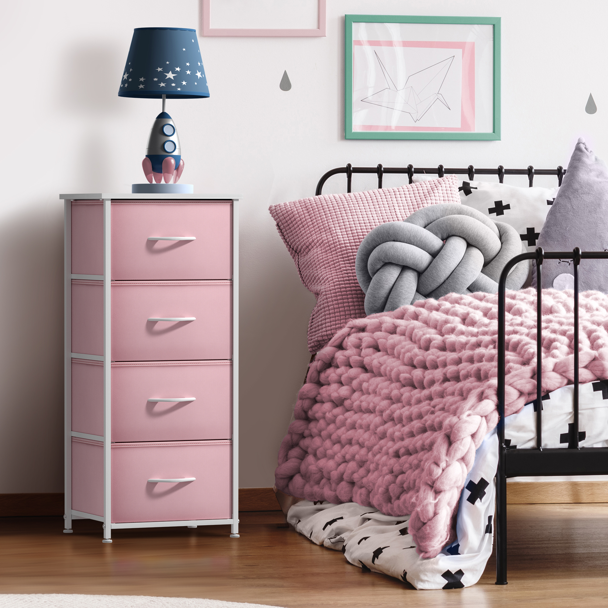 Sorbus 4-Drawer Nightstand, Bedside Table with Steel Frame, Wood Top, Pink