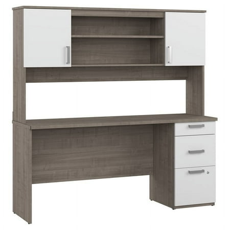 UPC: 0063753069083 | Bestar Ridgeley 65W Computer Desk with Hutch in silver maple & pure white