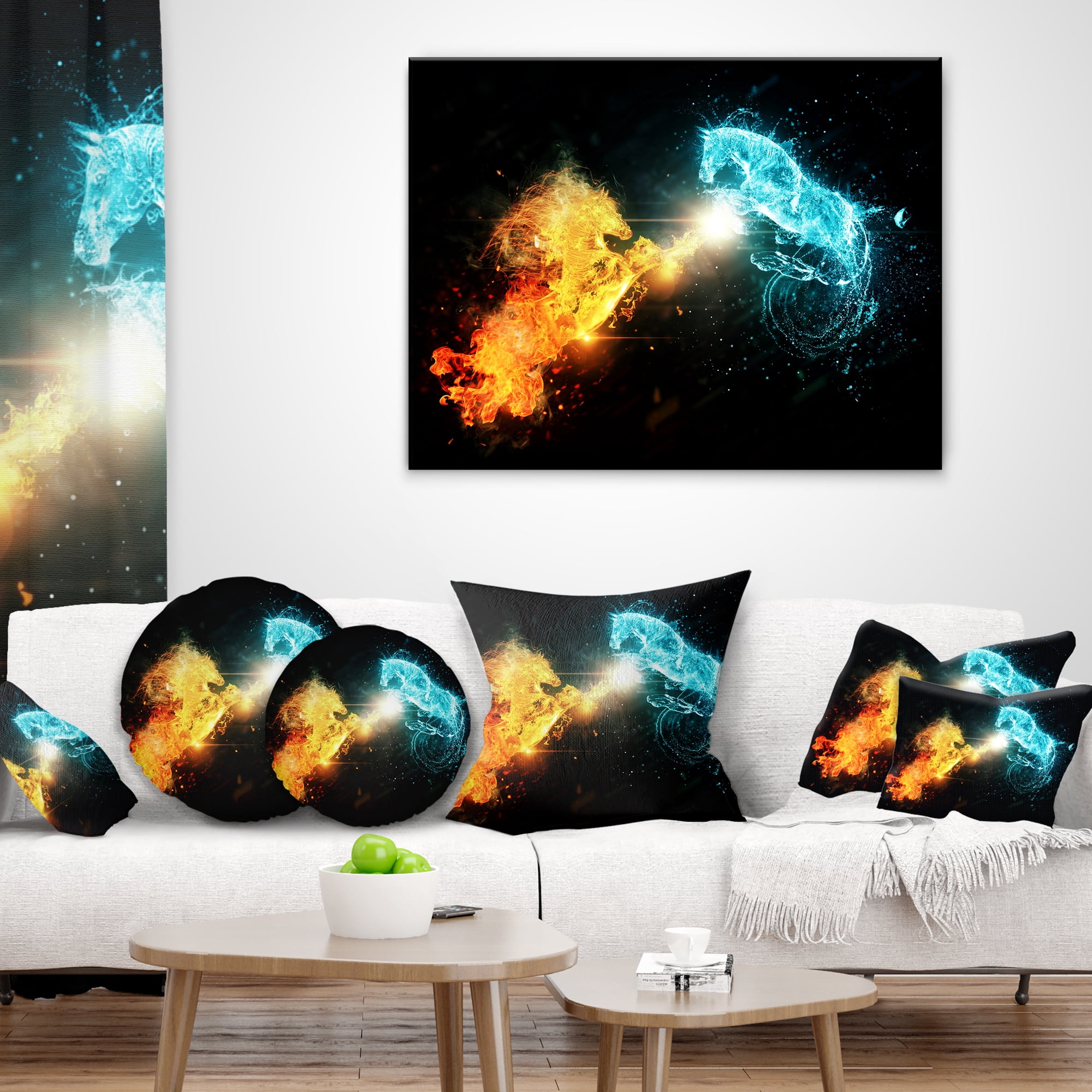 Designart Fire and Water Abstract Horses - Animal Throw Pillow - 16x16