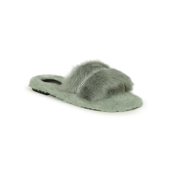Atalina Rhinestone Trimmed Faux Fur Slide Sandals 20410