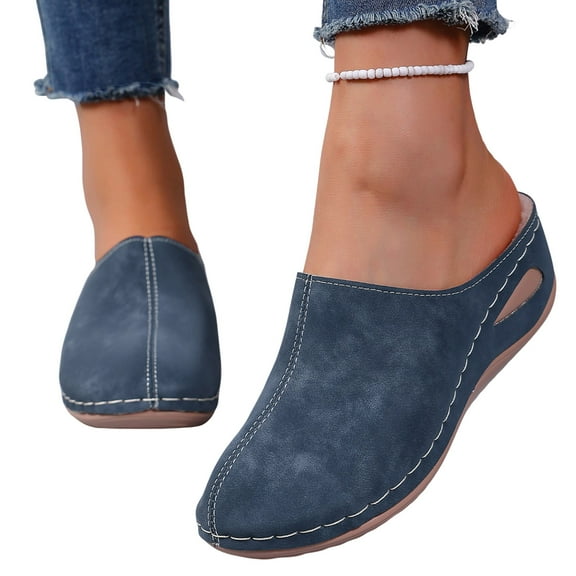 Orthopedic Slippers for Women Casual Stitching Furry Lined Wedge Heel Comfy Arch Support Warm Furry Lined Slip on House Shoes Blue Size 8