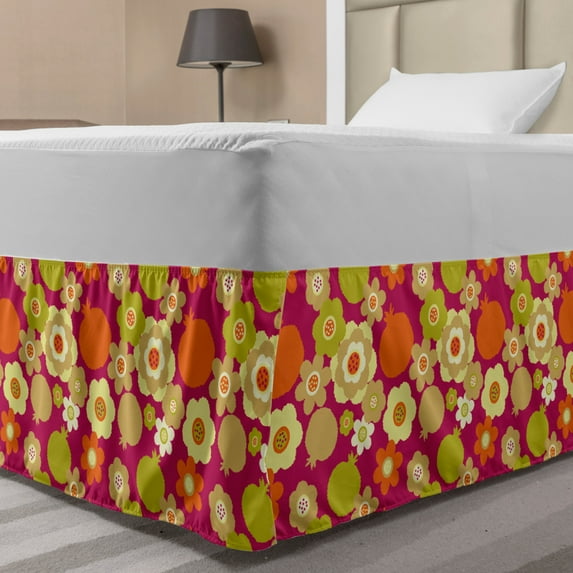 Nature Art Bed Skirt, Botanical Illustration Abstract Flowers and Pomegranates Print in Vintage Style, Elastic Bedskirt Dust Ruffle Wrap Around for Bedding Decor, 4 Sizes, Multicolor, by Ambesonne