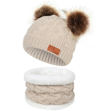 

BIZIZA Toddler Baby Hats Solid Color Beanie Cute Faux Fur Pompom with Scarf Caps for 1-8Y Kids Beige One Size