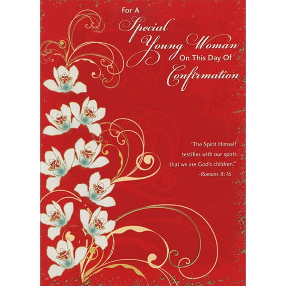 Designer Greetings The Spirit Himself Testifies: White Flowers and Swirls on Dark Red Confirmation Congratulations Card for Young Woman