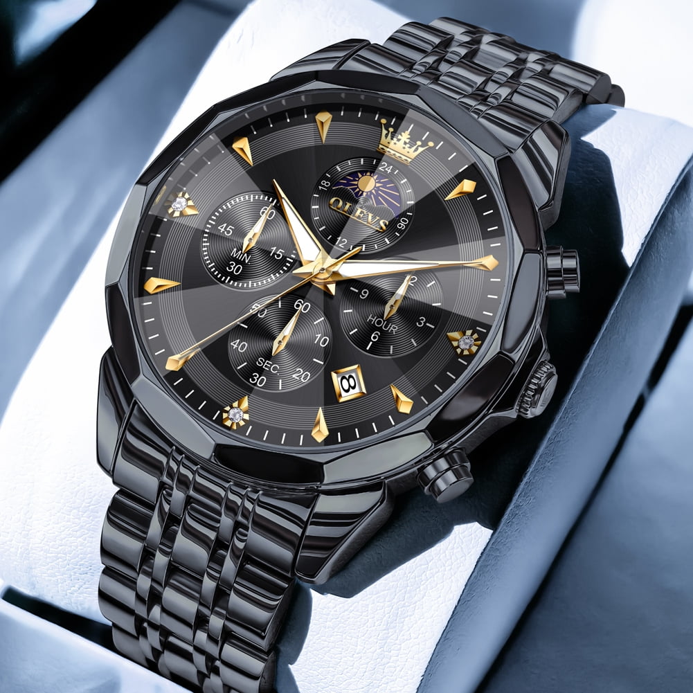 OLEVS Watches For Men Business Dress Luxury Casual Chronograph Multifunction Analog Quartz Stainless Steel Waterproof Luminous Moon Phase Date Men Wrist Watches Reloj Para Hombre Black Dial