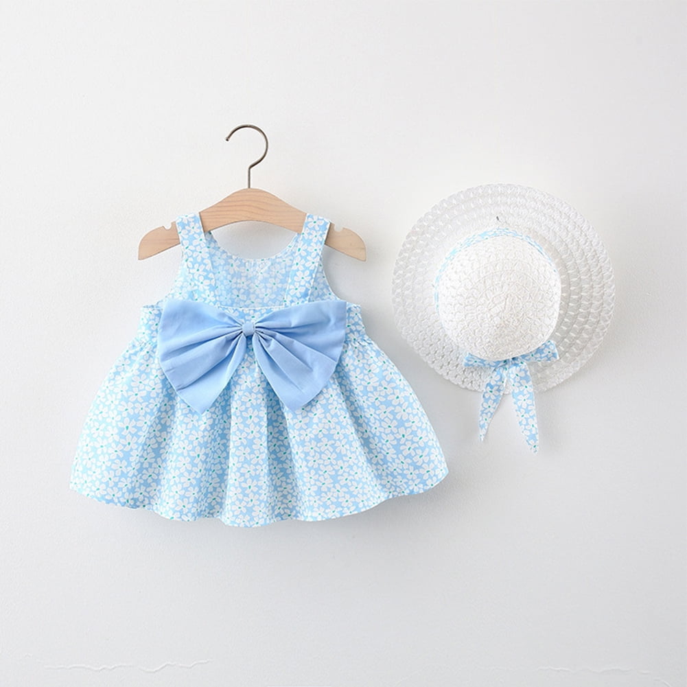 2pcs Baby Girl Allover Floral Print Sleeveless Bowknot Dress with Hat Set