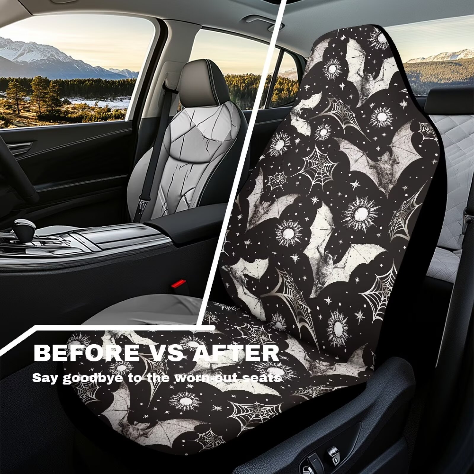 Yuyamidu Bat Front Car Seat Covers Cobweb Automotive Seats Cover Fit for Most of SUV, Sedan, Truck Waterproof Bucket Seat Cover Auto Interior Sets, Halloween