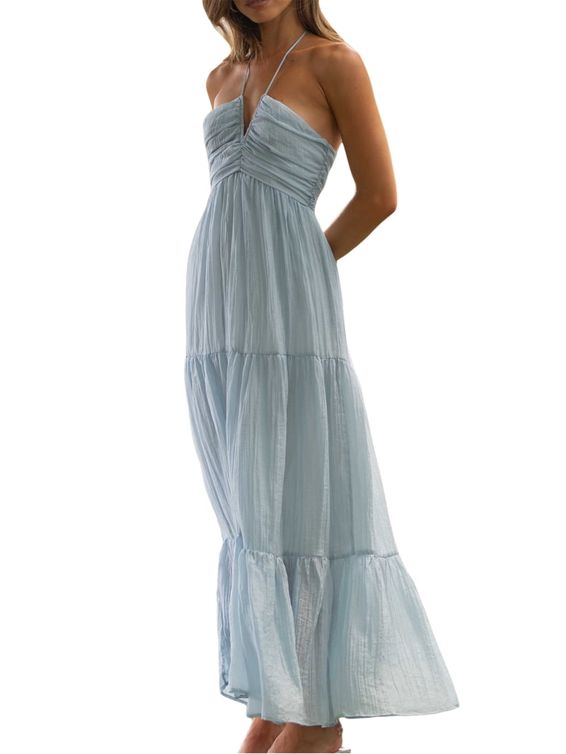 Women Elegant Halter Maxi Dress Solid Sleeveless Backless Tie-Up Neck Long  Dress Summer Beach Party Going Out Dresses - Walmart.com