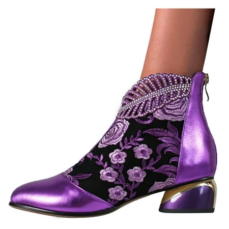 

ERTUTUYI Women s Vintage Embroidery Pointed Toe Zipper High Heel Short Naked Boots Shoes Purple 42