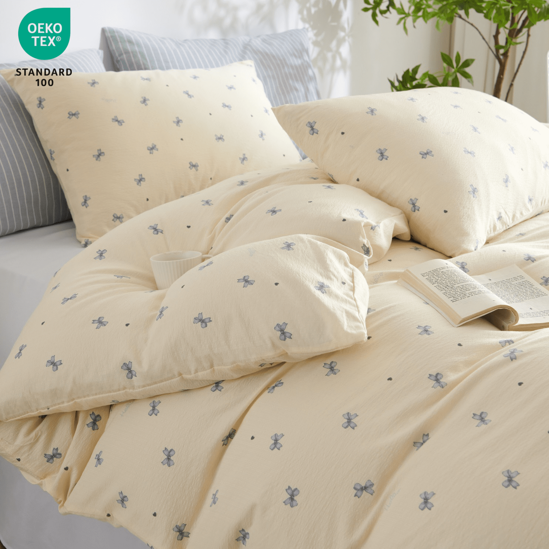 3 Pieces Bow Jacquard Duvet Cover Cartoon Blue Bowknot Pattern Comforter Cover Soft Breathable Cute Coquette Bedding,Full Size