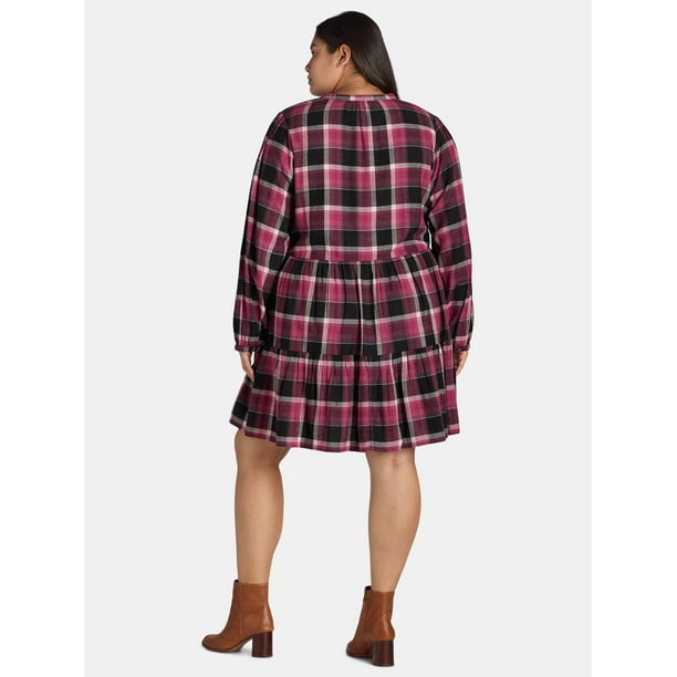 Time And Tru Women's and Women's Plus Tiered Plaid Shirt Dress, Sizes XS-4X 