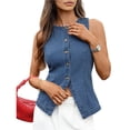 thumbnail image 1 of Chaleco Vaquero Elástico Sin Mangas para Mujer, con Botones y Cuello Redondo, Informal, Estilo Western para Verano Azul S, 1 of 10