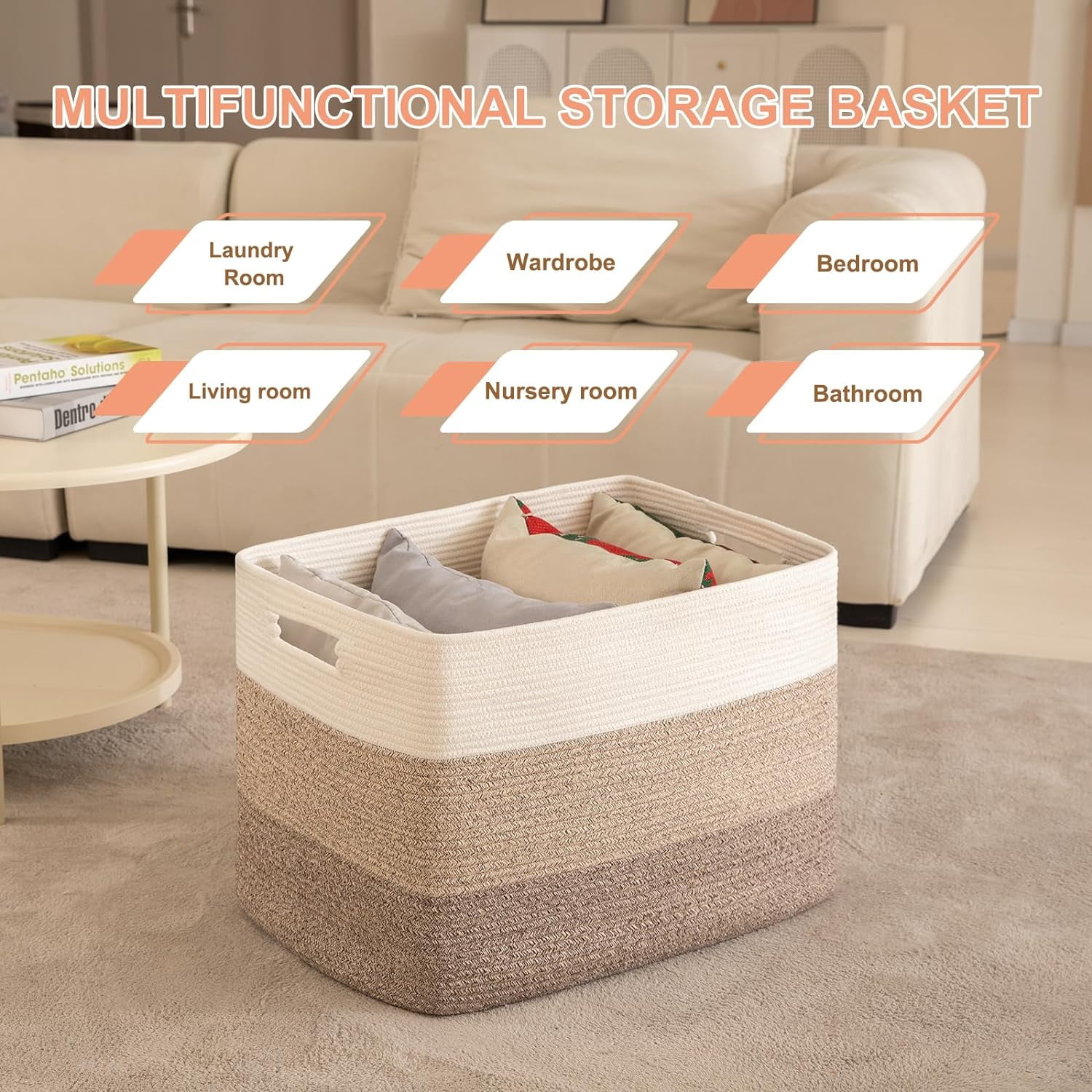 108L Super Large Blanket Basket, 25”x16”x16”(108L) Rectangle Woven Baskets for Storage, Cotton Rope Basket For Living Room, Toy Storage with Handle- Gradient Brown