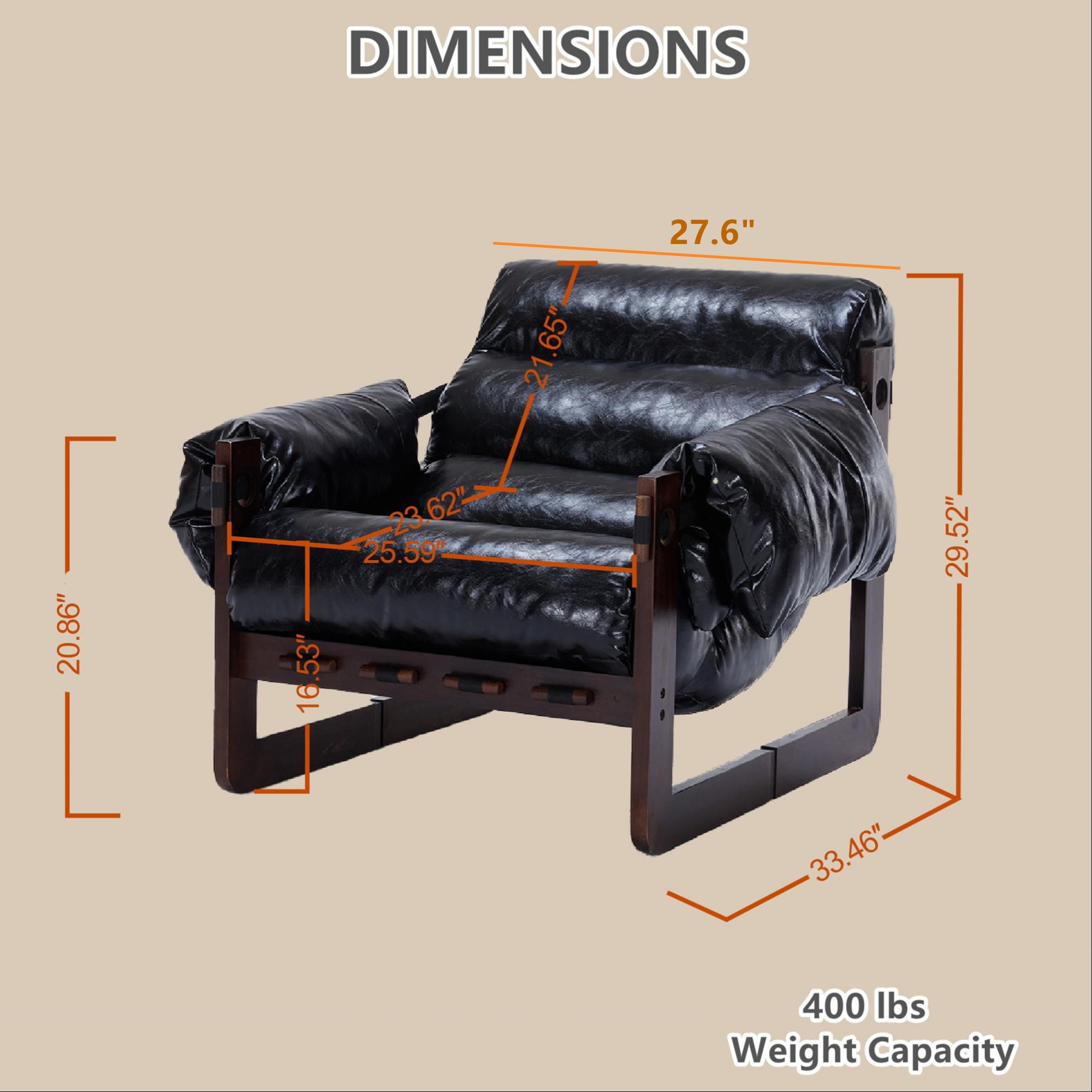 Aukfa Mid-Century Modern Chaise Lounge Indoor Chair for Living Room, Wood Frame, Leather, Black