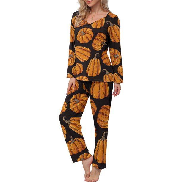 Puntoco Mujer Otoño Moda Casual Impreso Cuello En V Manga Larga + Pantalones Traje Naranja Xl