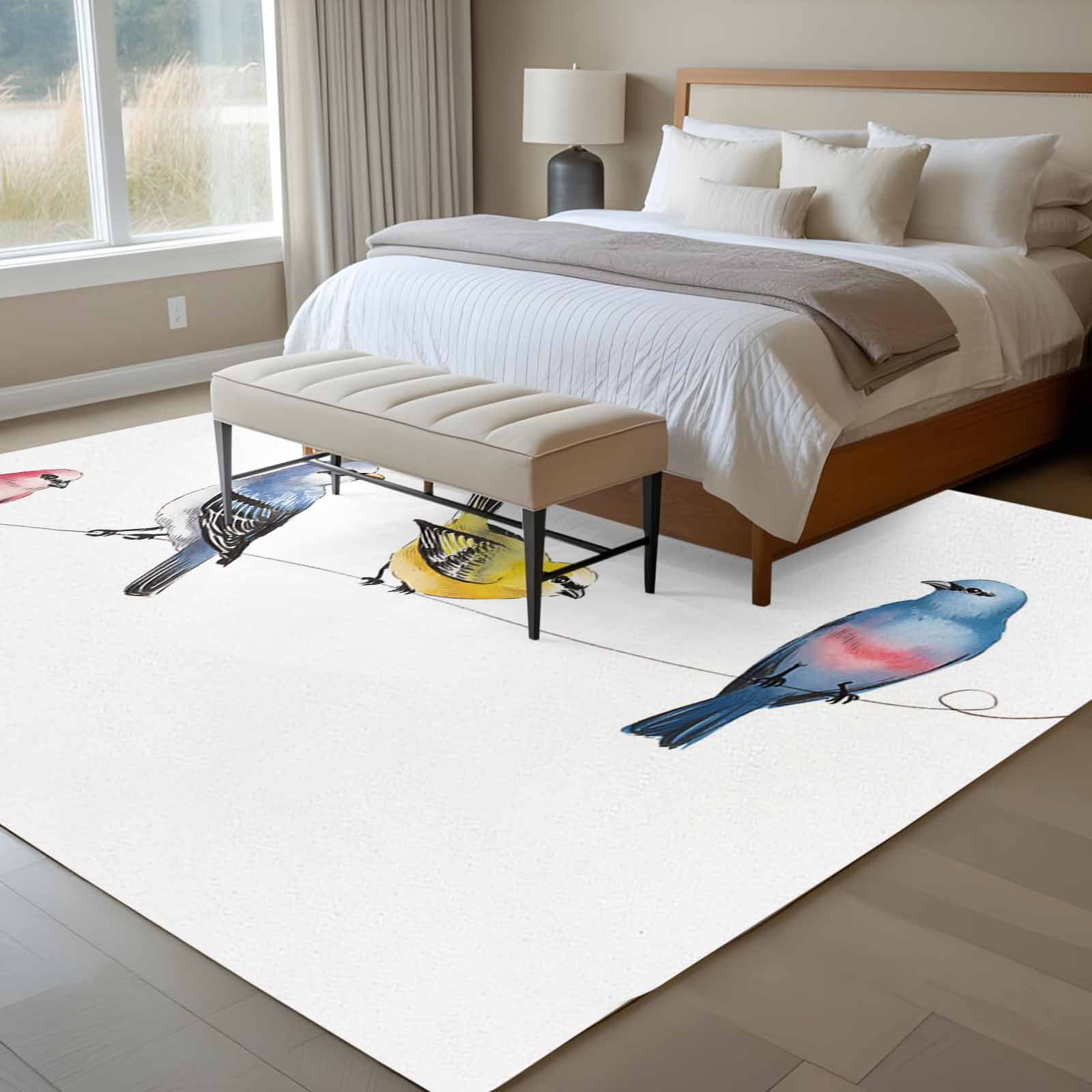 Watercolor Birds Area Rugs 6'x9', Washable Small Throw Rugs for Kitchen Dining room, Spring Animal Rustic Indoor Outdoor Rug Non-Slip Low Pile Carpet Runner Reversible Floor Mats
