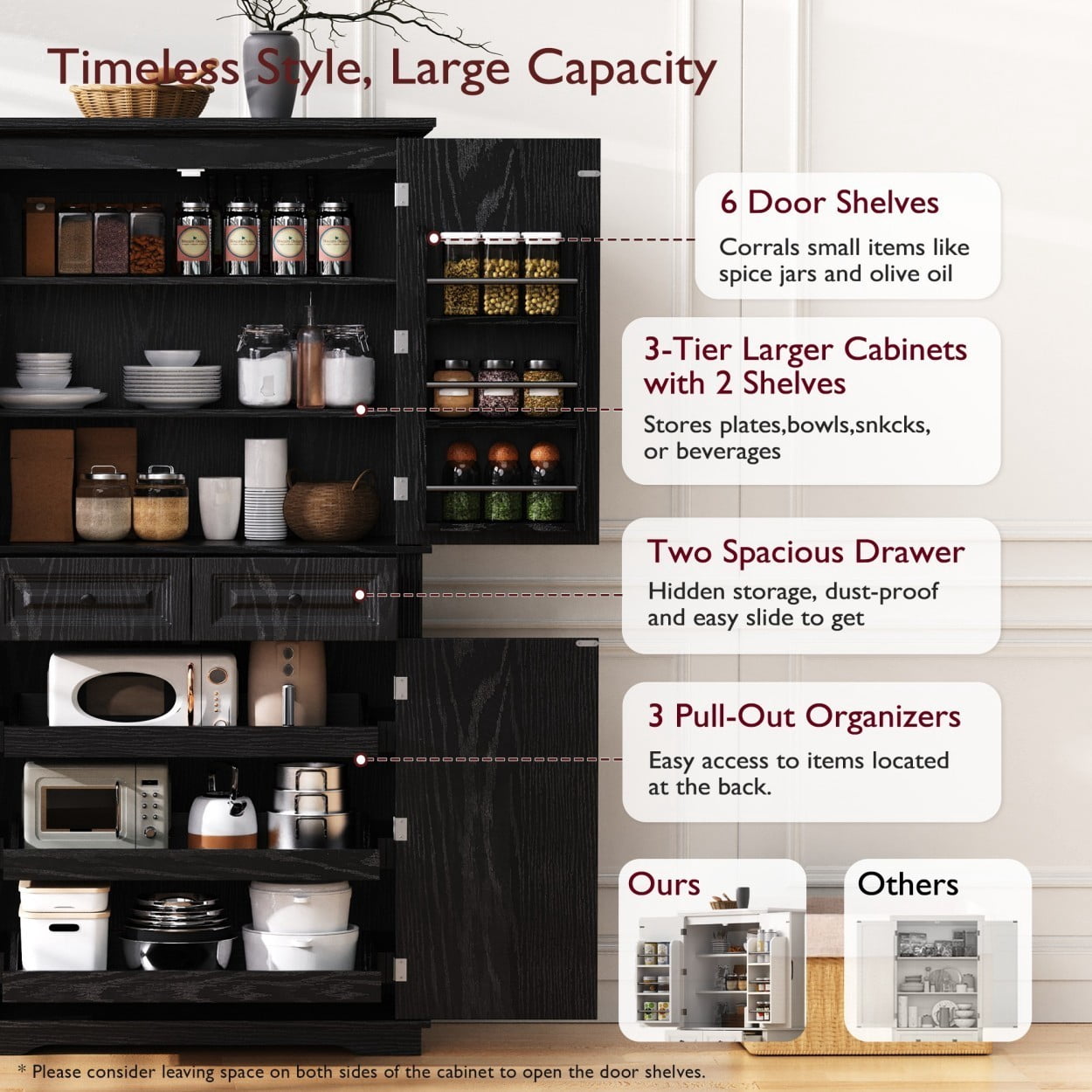 71" Tall Kitchen Pantry Cabinet, Farmhouse Storage Cabinet with 4 Doors, 2 Drawers, 3 Pull Out Organizers, 6 Door Shelves, Adjustable Shelves, Freestanding Cupboard for Kitchen, Black