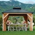thumbnail image 3 of M optimized 12'x12' Hardtop Wood Gazebo, with Double Metal Roof, Heavy-Duty Wooden Frame, Net, and Curtain, Permanent Building for Patio, Deck, Backyard, Lawn, Garden, 3 of 8