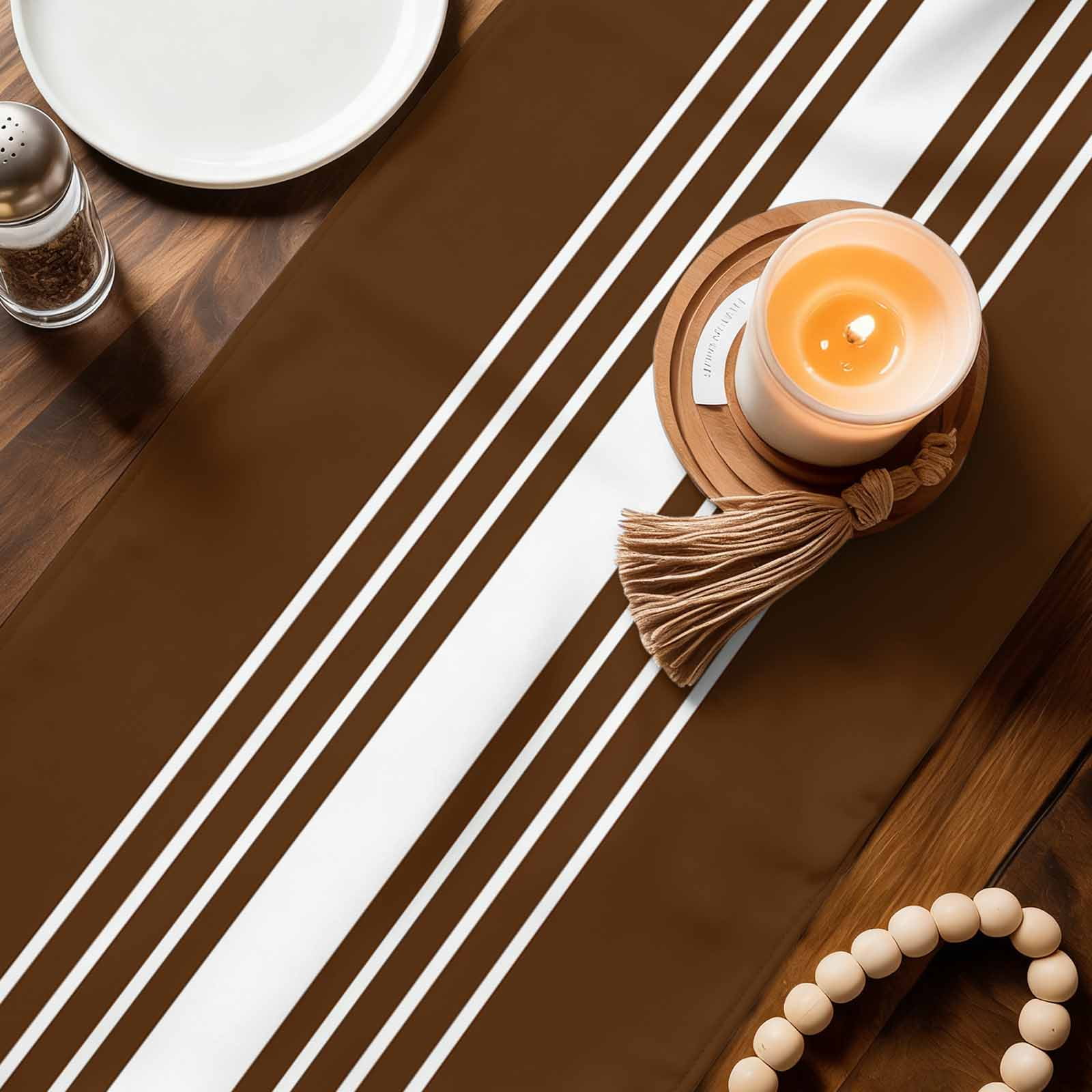 Brown White Stripe Table Runner Linen Burlap Table Runner 72 Inches Long Modern Rustic Vertical Striped Dresser Scarves for Kitchen Island Coffee Dining Room Party Holiday Decoration 14"x72"