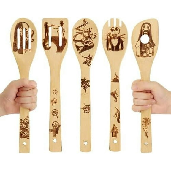 Nightmare Before Christmas Gifts-5 Pcs Wooden Spoons for Cooking Utensils Set,Nightmare Before Christmas Halloween Decorations,Wood Kitchen Utensils set for Halloween Gifts